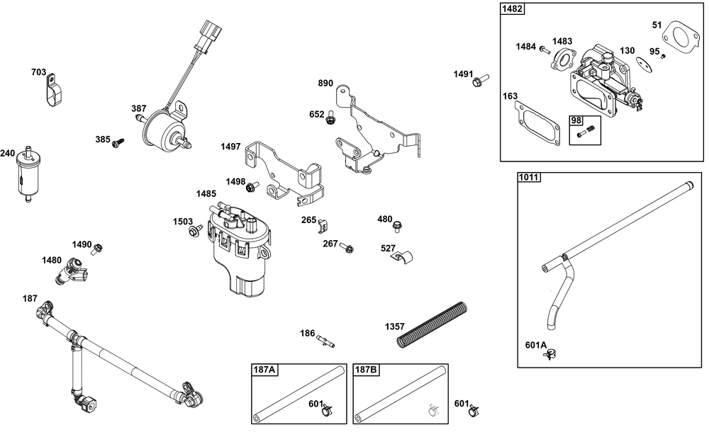 Throttle Body And Fuel Supply Group Diagram and Parts List for 54E677-0004-J1 400000 - 699999 Briggs and Stratton Engine